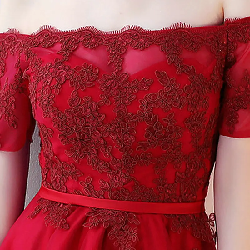 Burgundy LAMYA, короткие кружевные вечерние платья с коротким рукавом, женские вечерние платья, Тюлевое вечернее платье трапециевидной формы, Недорогое Платье размера плюс, vestido de festa - Цвет: Burgundy