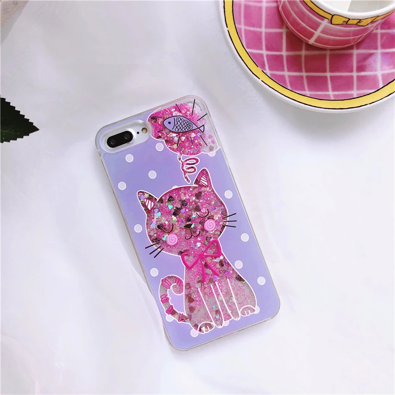 pink color Dynamic Liquid cat Case Quicksand Fun Milk tea cup phone For Apple iphone 6 6s 7 8 Plus X XS XR MAX |