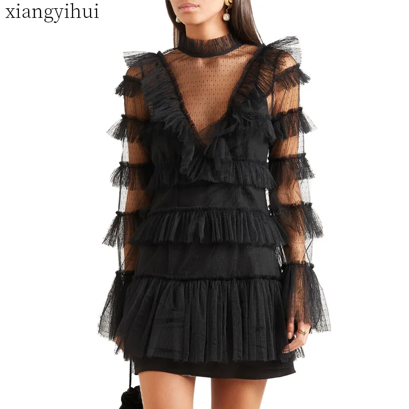 Повседневное сексуальное Сетчатое мини-платье с расклешенными рукавами, женское Модное Элегантное прозрачное короткое платье в стиле Лолита с длинным рукавом и высокой талией