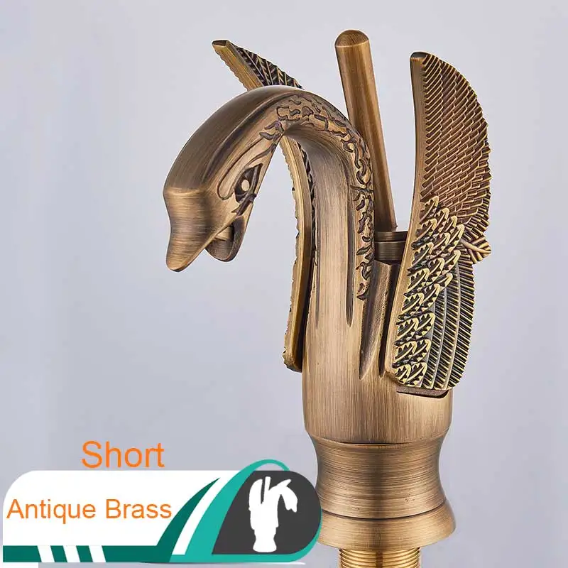 Short Antique Brass Смеситель в форме лебедя для ванной комнаты, кран с креплением на одно отверстие, краны для воды с горячей и холодной водой, золотой цвет, кран для раковины, одна ручка - Цвет: Short Antique Brass