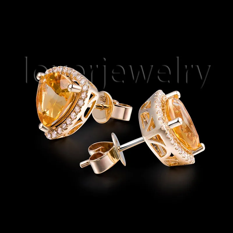 LOVERJEWELRY серьги-гвоздики с натуральным цитрином и бриллиантами, модные ювелирные изделия, 14 к, цельное желтое золото для девочек, E0053