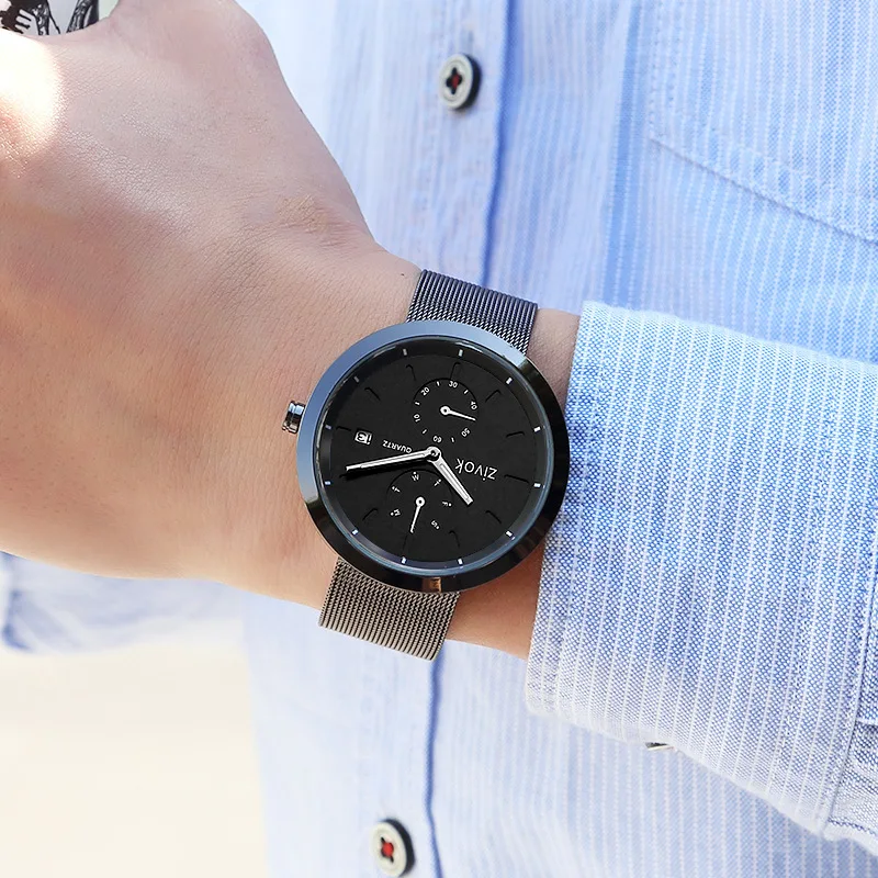 2019 New Sunday Calendar Steel Mesh Watch with Quartz Men's Fashion Casual Plastic Glass Round PU 8030G |