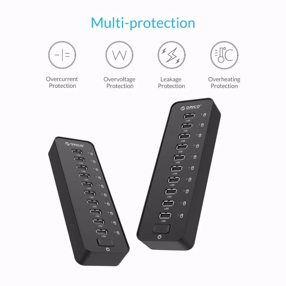 ORICO P10-U2 10 портов USB2.0 концентратор 12V2. 5A блок питания с кабелем передачи данных 1,5 м огнестойкий ABS для ПК Mac ноутбука черный