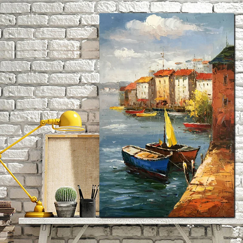 YWDECOR ручная роспись Морской порт деревня холст с лодкой Масляные картины 60x90 см