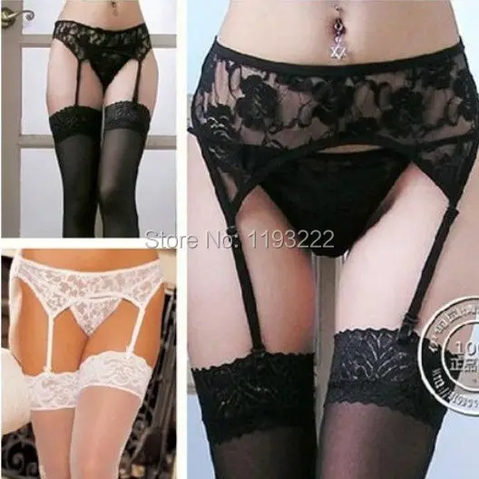 Модный сексуальный черный белый кружевной Цветочный Пояс для чулок + стринги 4
