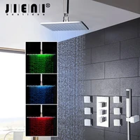 jieni 8 10 12 16 inch led bathroom shower set faucet square chrome brass message jets ceiling mount rainfall kit hand shower set
