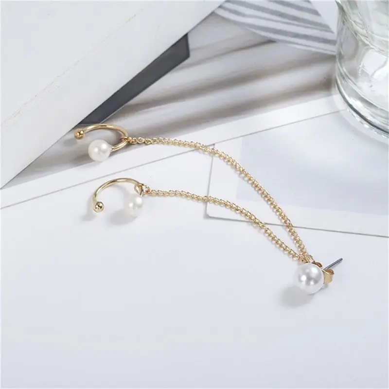 1Pc Faux Pearl Double Chain Earring Clip Long Tassel Ear Cuff Women Jewelry | Украшения и аксессуары