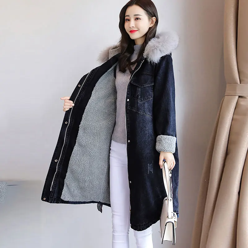 Зимние Утепленные имитация ягненка волос джинсовая хлопковая куртка Для женщин