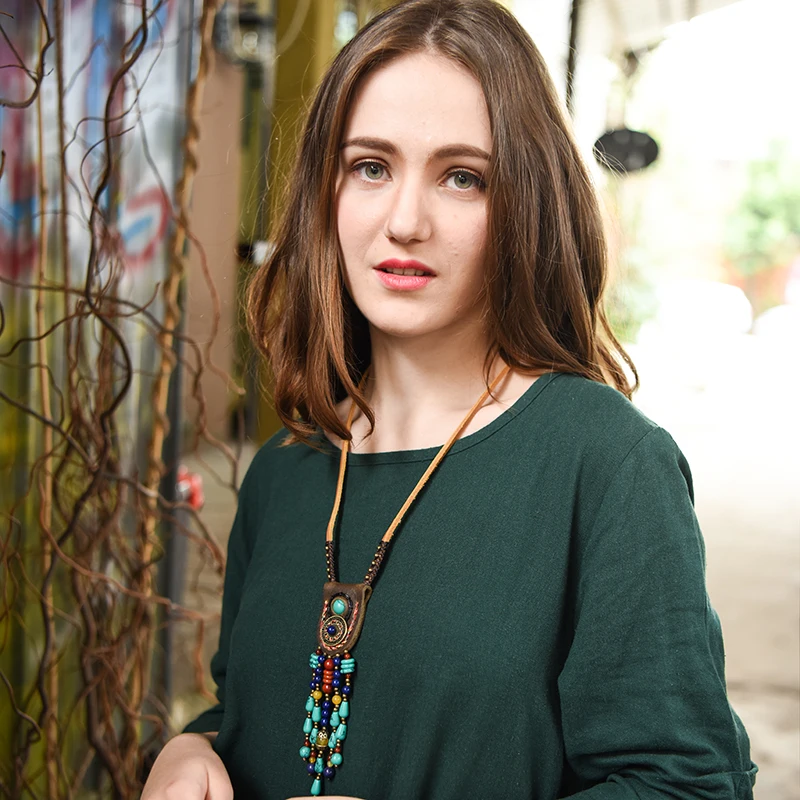 Boho ювелирные изделия этнические Макси длинное ожерелье Женская кожаная цепочка камень павлин перо Подвески богемная Мода Прямая поставка