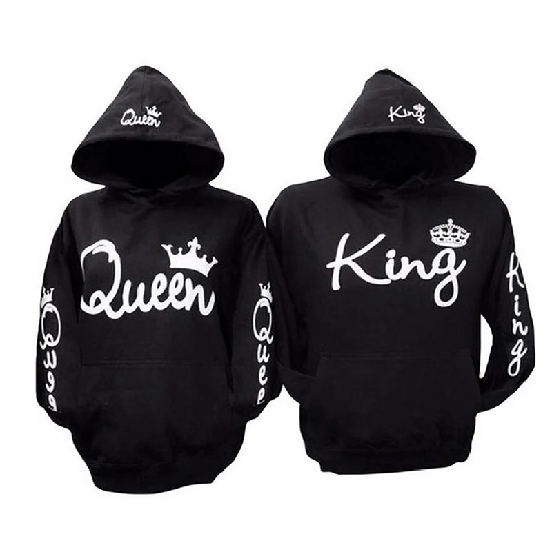 Модные черные толстовки с капюшоном толстовка надписью King Queen для влюбленных пар