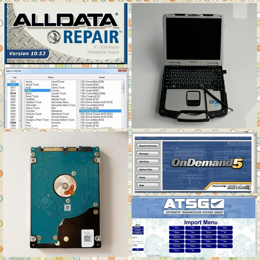 

3in1 Alldata 10.53 M.itchell on demand 2015 ATSG 2012 on 1TB New HDD installed on used laptop Toughbook CF-30 4G Ready to Use