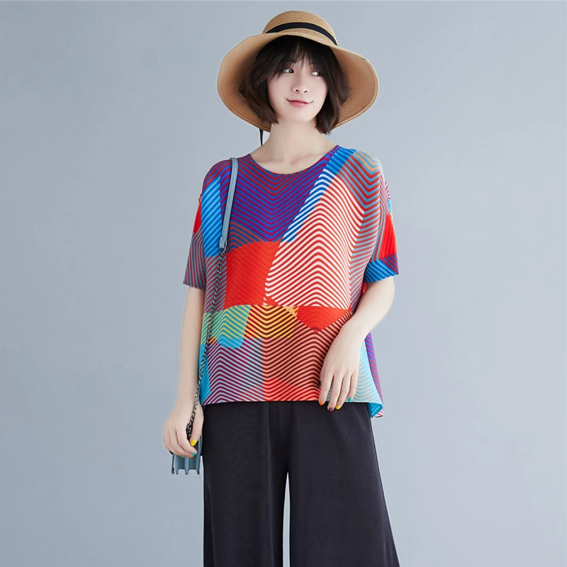 Changpleat 2019 летние новые женские футболки в полоску с принтом топы miяка