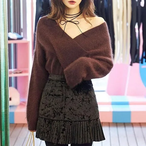 Autumn winter women pullovers long sleeve casual sweater Mink Cashmere women's v-neck strapless knitwear | Женская одежда