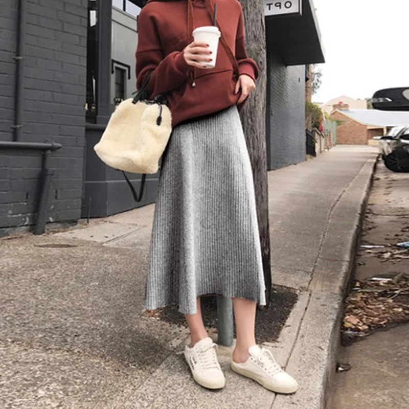 Grey Skirt Зимние женские миди юбки корейские повседневные женские трапециевидные расклешенные с высокой талией однотонные трикотажные толстые длинные свитера юбки женские - Цвет: Grey Skirt