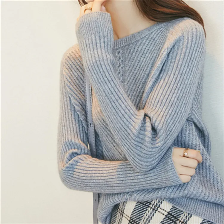 korean style pure cashmere knit women sweet low Oneck slim pullover sweater solid color S-3XL | Женская одежда
