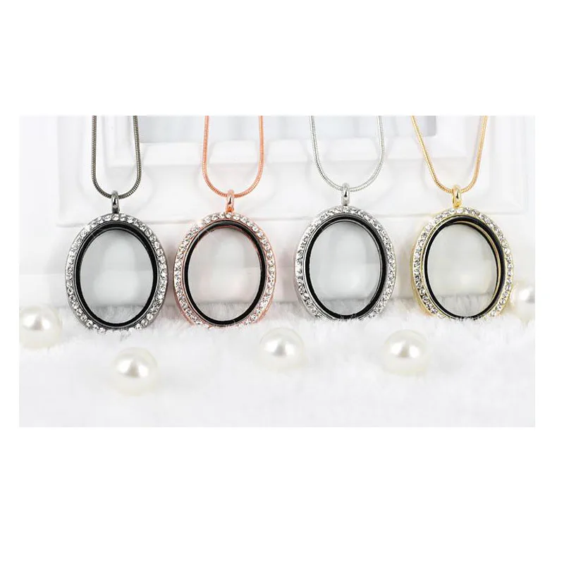Oval Floating Locket Pendant Long Necklace Rhinestone Charms For Jewelry Making Openable Magnetic Glass Rose Gold | Украшения и