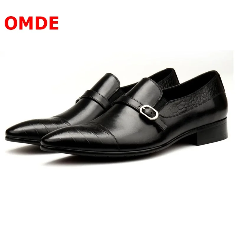 OMDE Pointed Toe Genuine Leather Shoes Men Loafers Handmade Buckle Straps Wedding Slip On Dress | Обувь