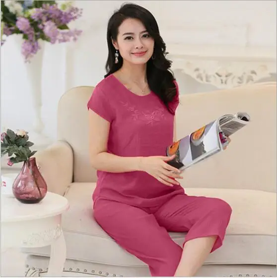 purple red XL, XXL, 3XL, летняя Новинка, женские пижамы размера плюс, комплект одежды для сна, пижама с коротким рукавом для женщин, комплекты пижам из хлопка и льна, Q525 - Цвет: purple red
