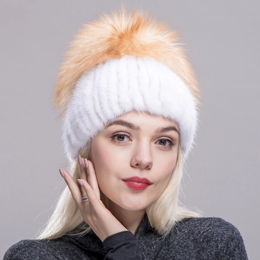 2020 FXFURS fashion new  Hot Sale Fashion Winter Warm Women Knitting Caps Mink hats Vertical weaving with FOX Fur On The Top