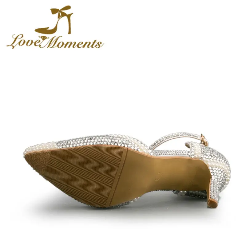 Женские туфли на высоком каблуке 8 см с острым носком и жемчугом|rhinestone wedding shoes|white
