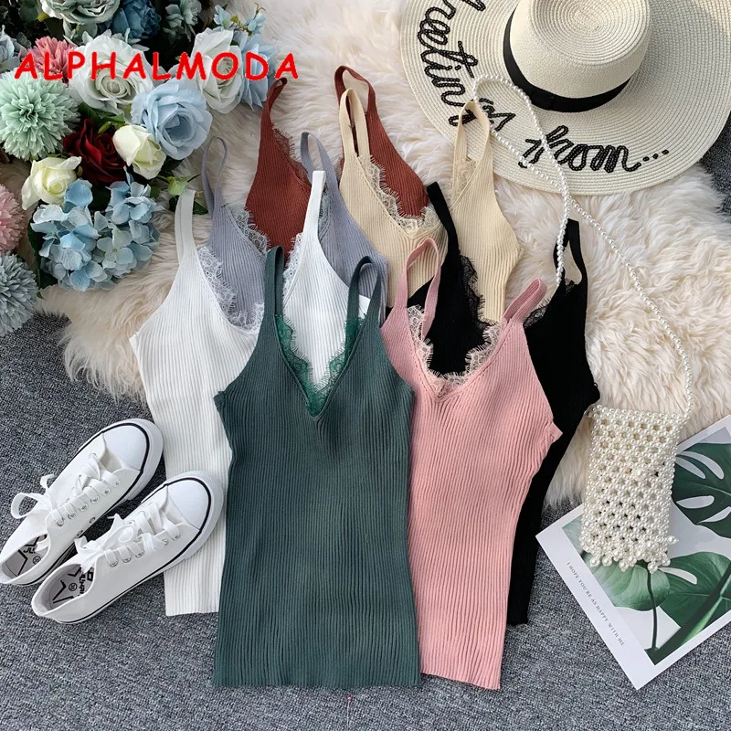 ALPHALMODA, летний кружевной лоскутный женский сексуальный вязаный жилет, однотонный тонкий пуловер, Женский топик