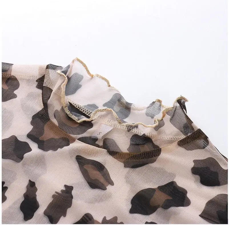 Женский топ с коротким рукавом прозрачный леопардовым принтом ажурный 2019