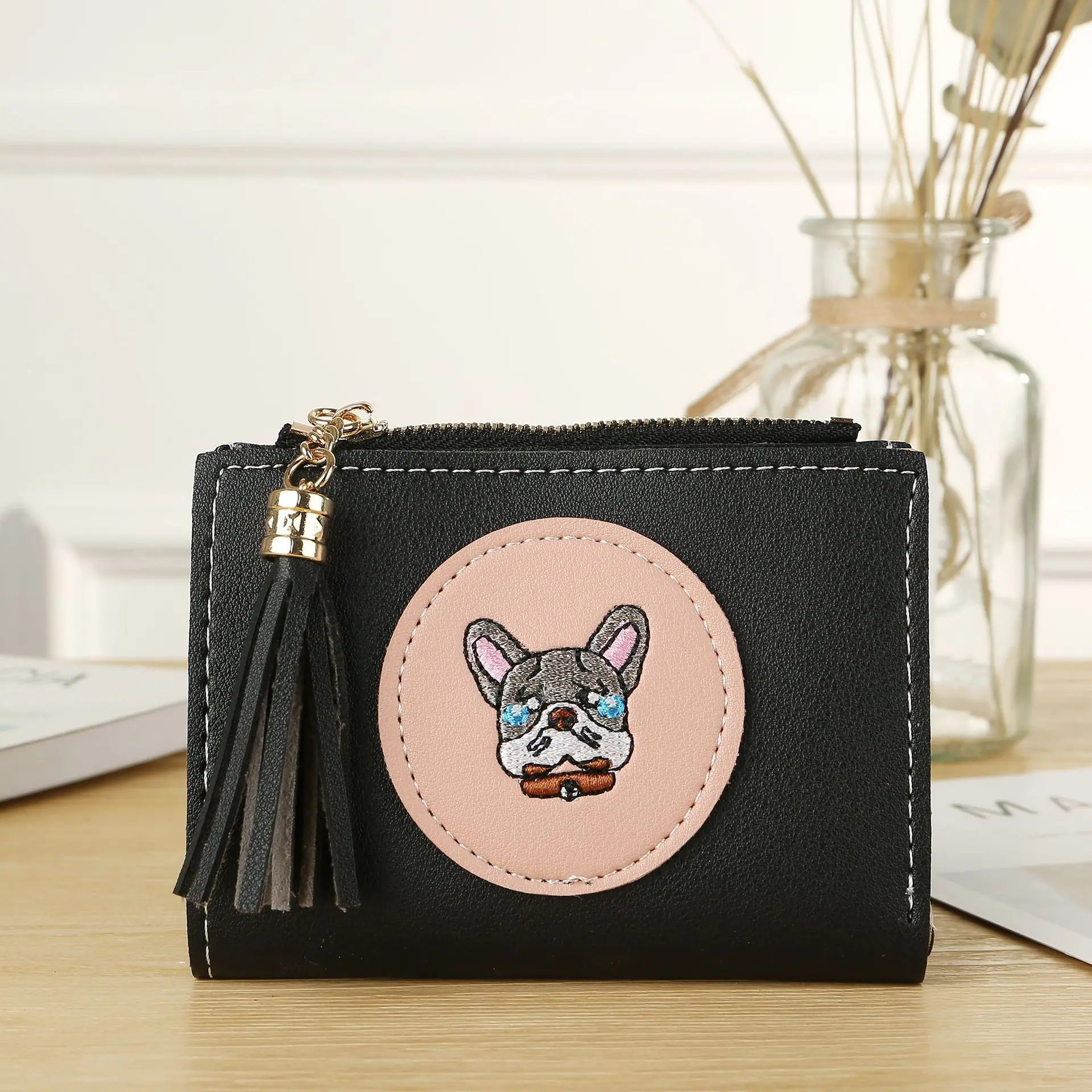 Милый женский кошелек с мультяшным рисунком; короткий кошелек с бахромой и рисунком щенка; портмоне-клатч; модный кожаный кошелек