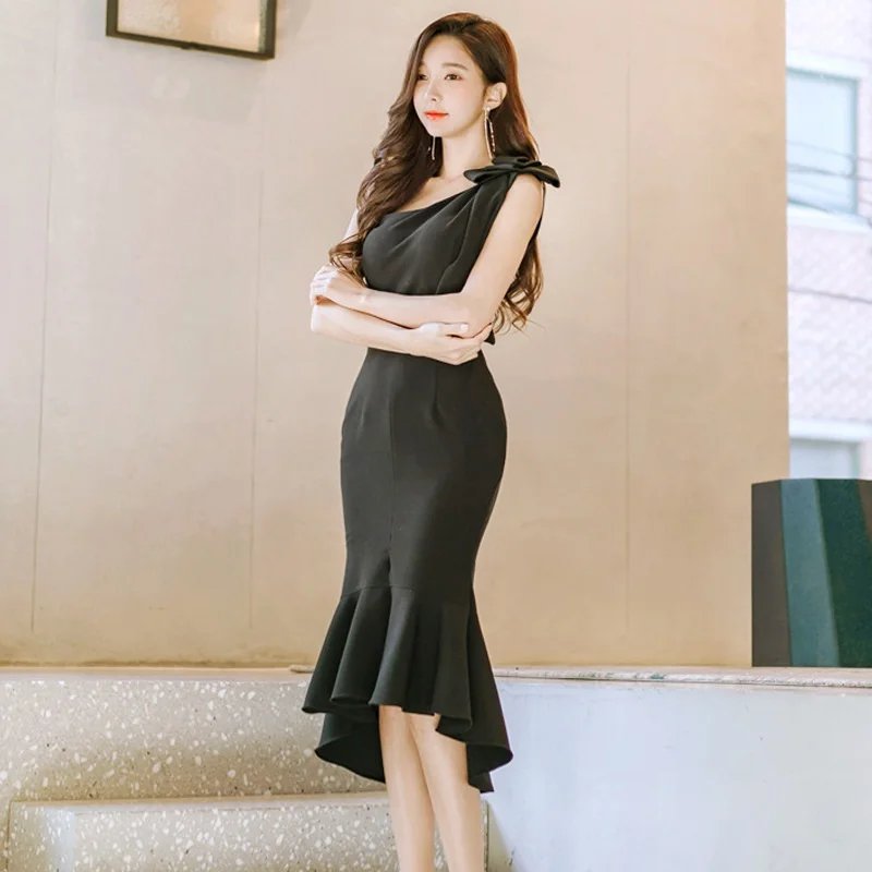 Женское асимметричное платье на одно плечо однотонное платье-русалка для