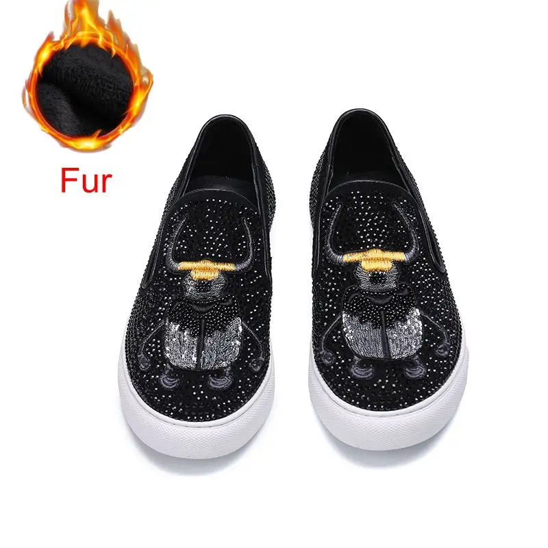 Г. дизайн, большие Size38-46, со стразами, животным узором жука, повседневная мужская обувь без застежки немецкая модная дизайнерская обувь - Цвет: Fur Beetle black