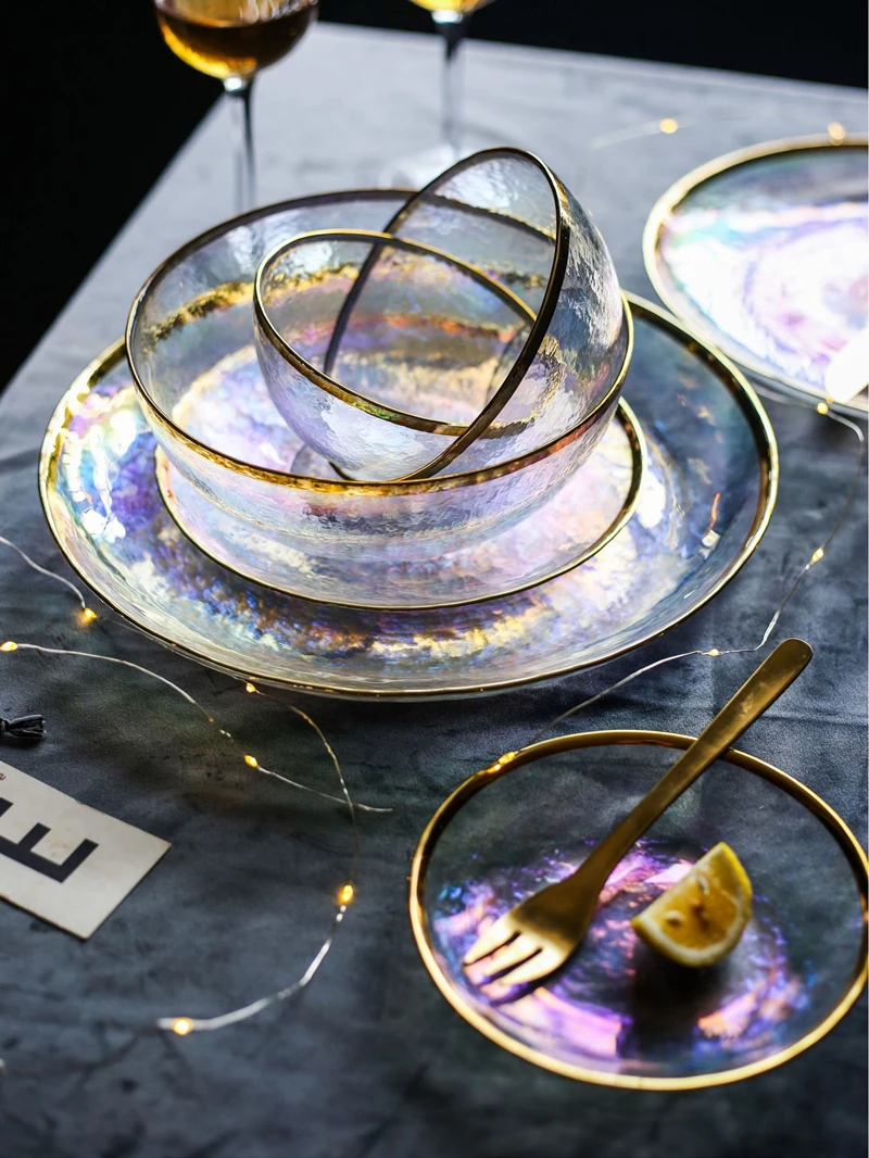 Dazzle Colour Glass Dinnerware Flat Plate Salad Bowl Gold Edge Western Food Tray Steak Snach Dishes Fruit Bowls Container 1pcs