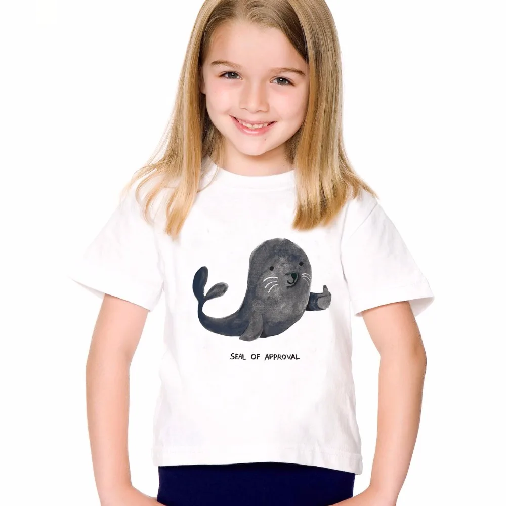 TEEHEART Seal of Approval Letter Printed Boys/girls's T-shirt Harajuku Cartoon Sea Lions T Shirt Children Short Sleeve Tee TA755 | Детская