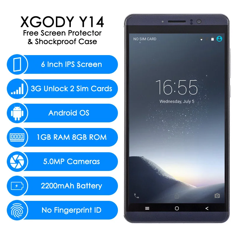 XGODY 3G Dual Sim смартфон 6 дюймов Android 5,1 мобильный телефон MTK6580 четырехъядерный 1 ГБ ОЗУ 8 Гб ПЗУ 5Мп камера gps WiFi мобильный телефон