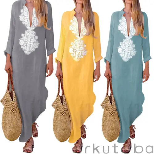 2018 Новое модное женское богемное Платье макси с длинным рукавом повседневное