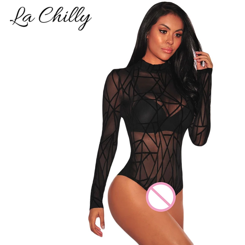 Плюс Размеры боди с длинным рукавом Для женщин зимние Sheer Mesh геометрический бархат облегающий костюм Combinaison Femme комбинезон LC32166
