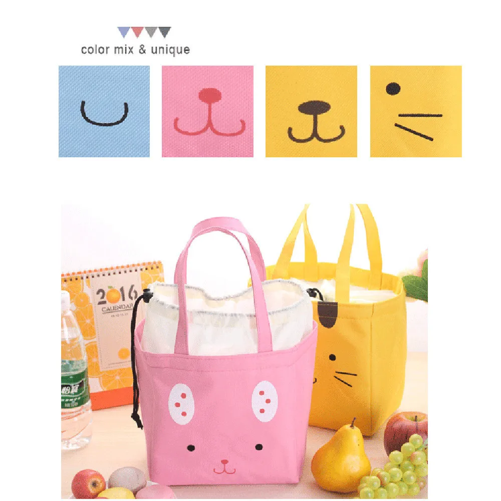 Lunch Bag For Women Portable Thermal Insulated Bento Tote Pouch Storage Cute Cat Print Drawstring Kids Food | Багаж и сумки
