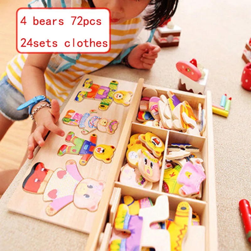 4 bears 72pcs Детские пазлы, игрушки, деревянный Медвежонок для переодевания, головоломка, игрушки для переодевания, развивающие игрушки, Магнитные фигурки, подарок - Цвет: 4 bears 72pcs