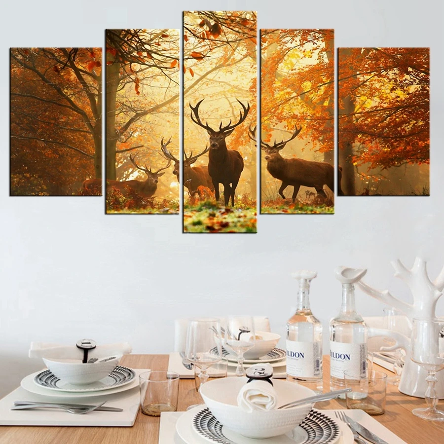 Олень в осенний лес Картина Холст принт животное плакат Гостиная Wall Art для