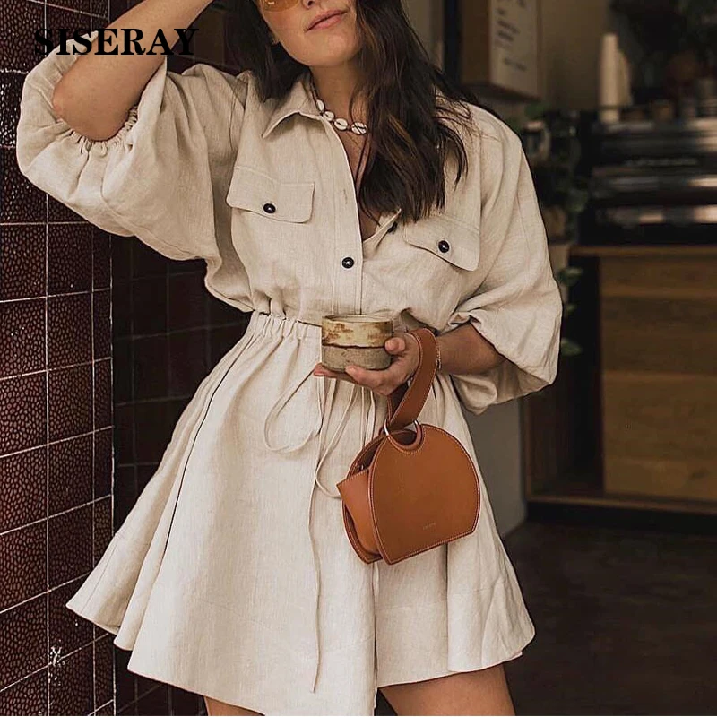 Винтажное женское мини платье рубашка повседневный с рукавом фонариком короткое