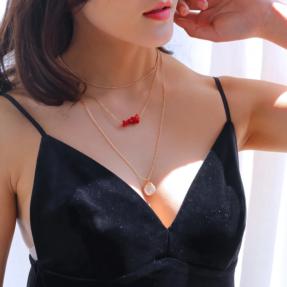 Цепочка до ключицы с красным коралловым камнем ожерелье подвеской из жемчуга в