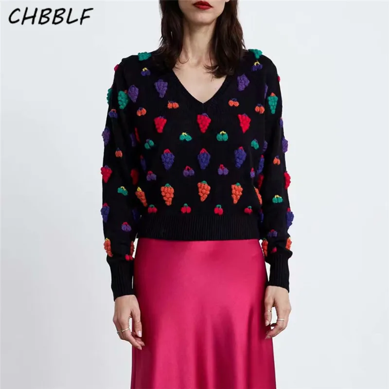 CHBBLF women V neck fruits embroidery sweaters long sleeve stretchy pullovers stylish female casual chic tops BGB8606 | Женская одежда
