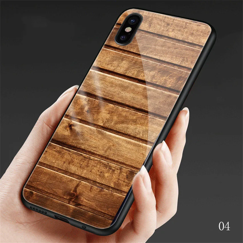 Чехол из окрашенного под дерево стекла для iPhone X, XR, XS, Max, чехол из закаленного стекла, Силиконовый противоударный чехол s, для iPhone 7, 8, 6, 6s plus