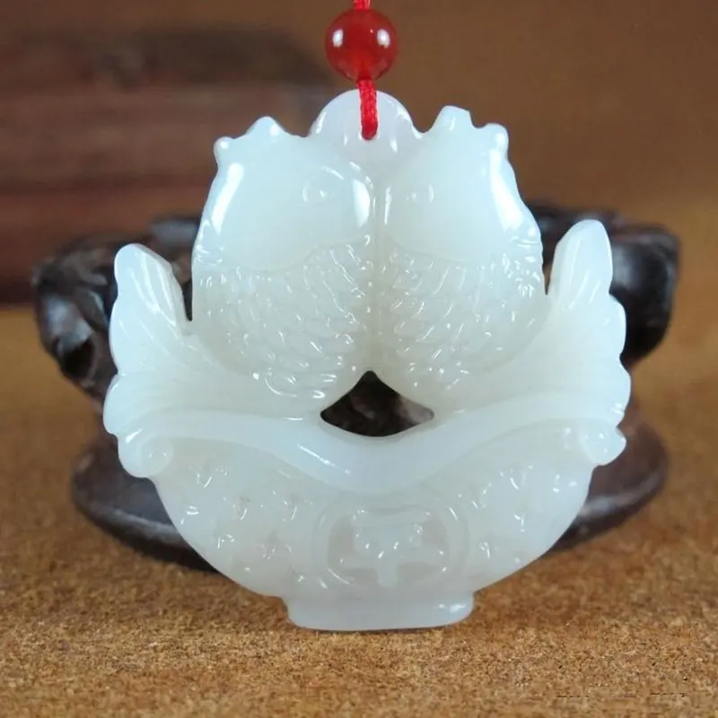 

KYSZDL Genuine natural Hetian white yu stone carved double fish pendant men and women auspicious sweater chain pendant jewelry