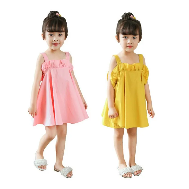 DFXD Toddler Girls Clothing Kids Summer Dress 2018 New Soild Pink/Yellow Sleeveless Strap Birthday Party Baby Beach | Детская одежда и