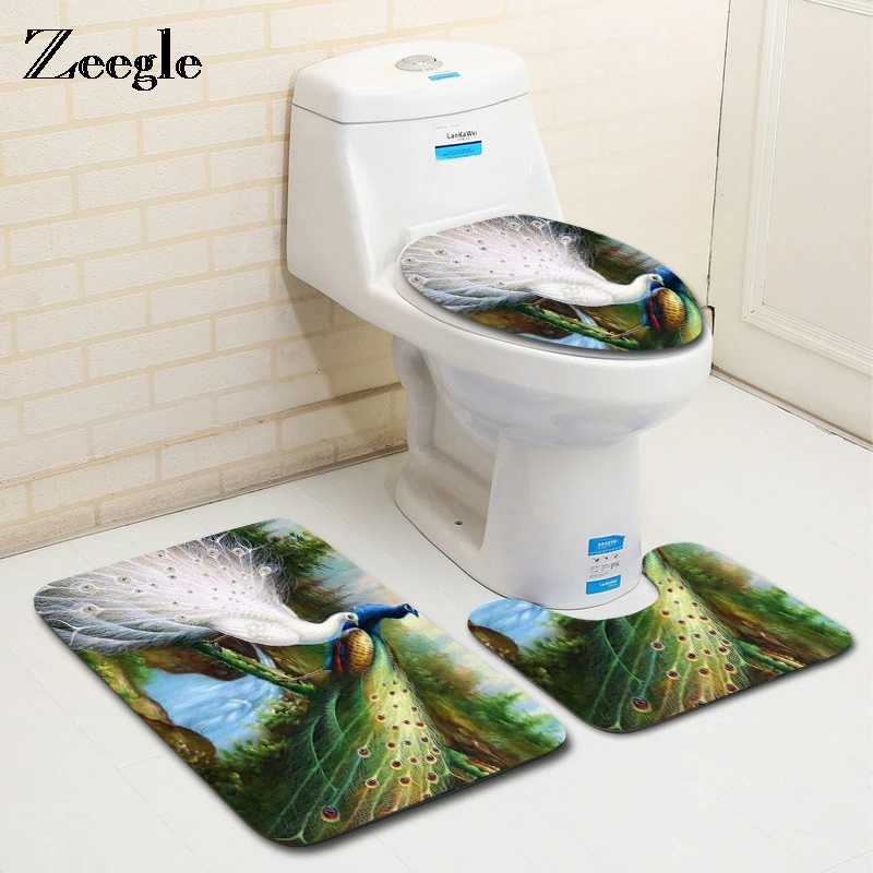 

Zeegle Bath Mat Peacock Bathroom Carpets Set Toilet Floor Mat Absorbent Toilet Rugs Lid Cover Microfiber Foot Pad Bath Mats