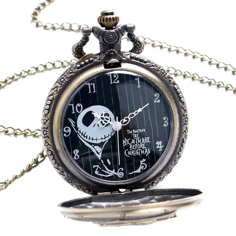 

YISUYA The Nightmare Before Christmas Jack Skellington Quartz Pocket Watch Necklace Chain Men Women Skull Pendant Bronze