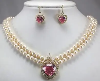

New coming! 2 row white pearl necklace + heart pink zircon pendant earring set >>> women jewerly Free shipping