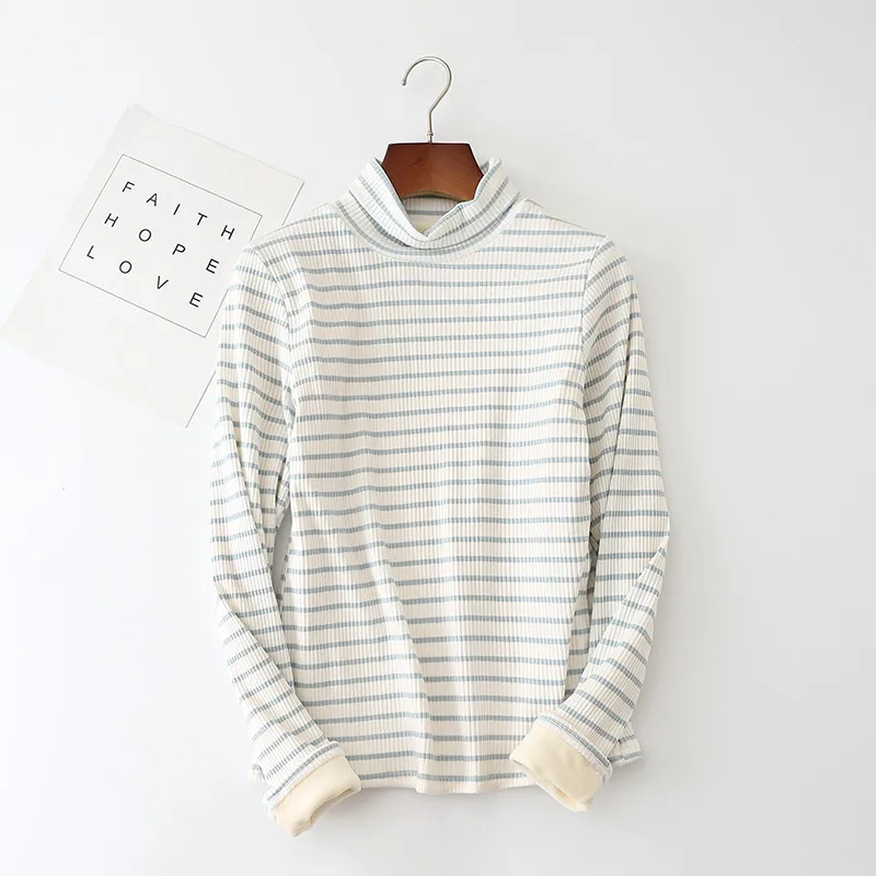 2018 осень-зима женская футболка в полоску с высоким воротником теплая Толстая