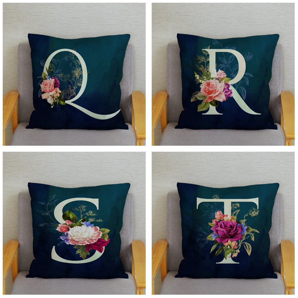 English Flower Dark Blue Letter Print Throw Pillow Cover 45*45cm Cushion Covers Linen Case Sofa Home Decor Pillows | Дом и сад