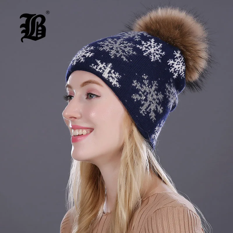 [Flb] Настоящие норки Пом Зимние шапки для женщин Девушки Шляпа Кролик Мех Вязаные