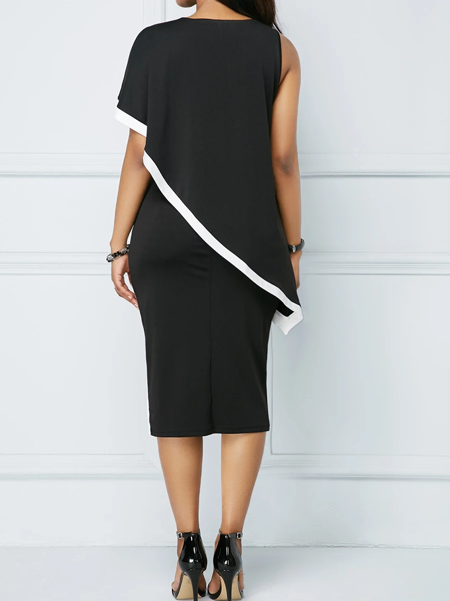 NEW Sexy One Shoulder Womens O-Neck Patchwork Elegant Office Dress Summer 3Color Knee Length Sheath Dress Vestidos Plus Size 5xl